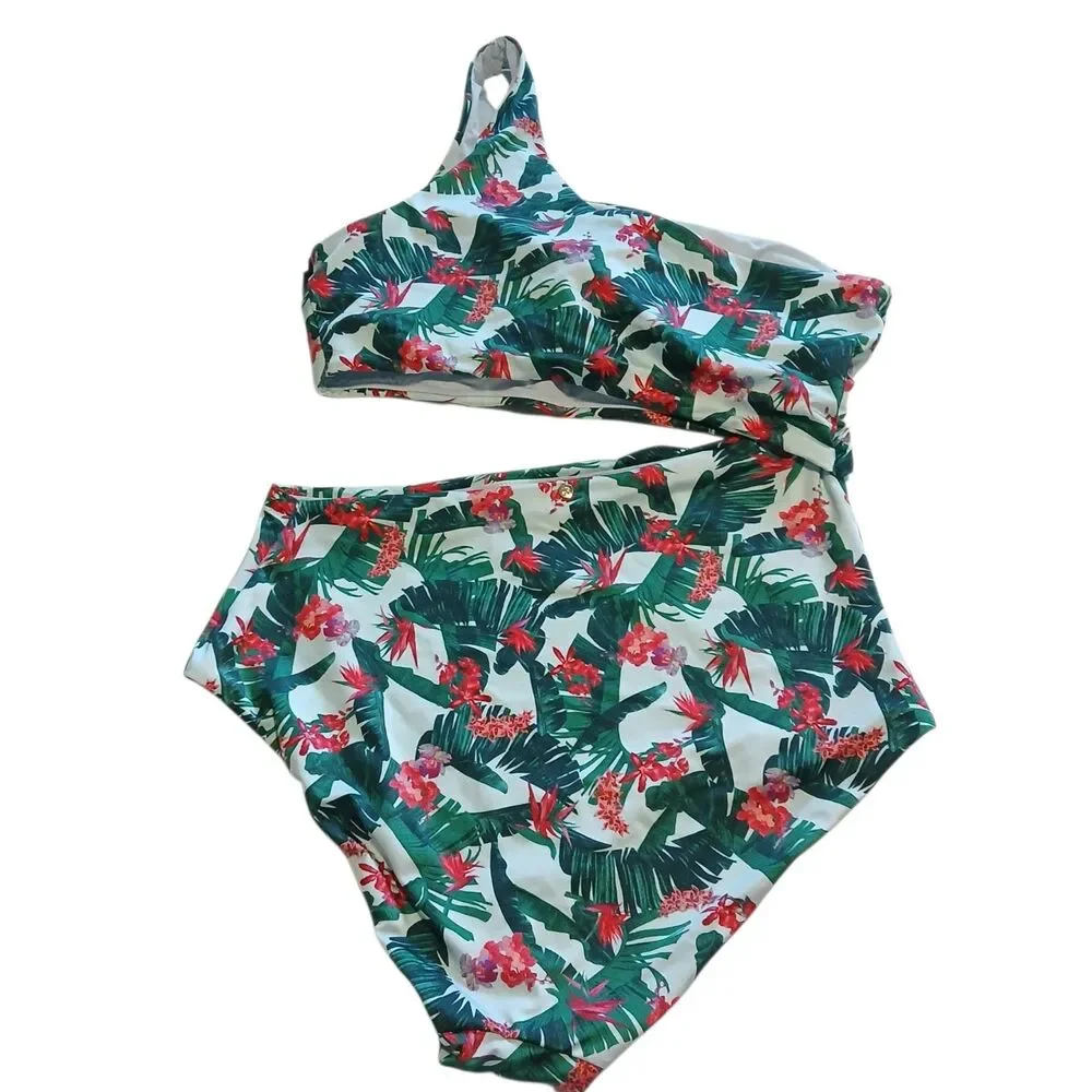 NWT XL Victoria's Secret Cut-out One-Piece Swimsuit Green Red Palm Tropical